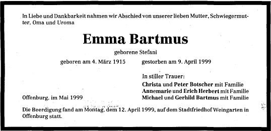 Stefani Emma 1915-1999 Todesanzeige